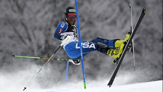 Will Brandenburg of the USA competes during the Audi FIS Alpine Ski World Cup Men's Slalom in Zagreb, Croatia