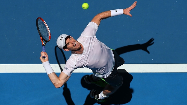 Andy Murray serves in his match against Jerzy Janowicz during day four of the Hopman Cup at Perth Arena