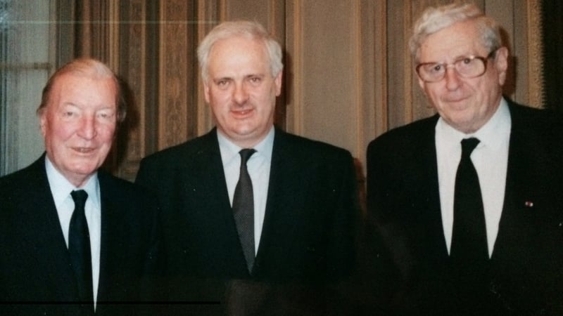 John Bruton, Charlie Haughey and Garret Fitzgerald, together in the Irish Embassy, Paris on the day of Francois Mitterrand's funeral in 1996