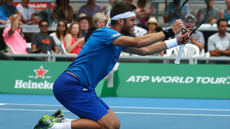 Jiri Vesely celebrates victory at the ASB Tennis Centre
