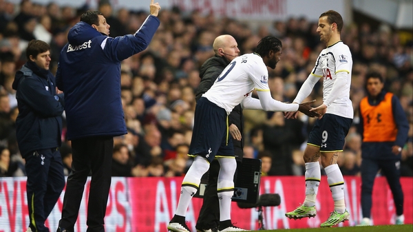 Emmanuel Adebayor comes on as a substitute for Roberto Soldado
