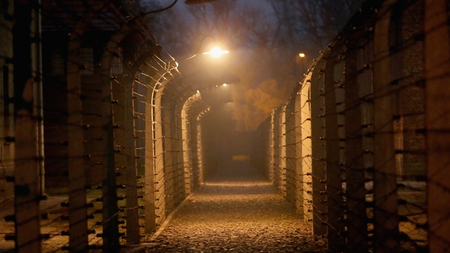 The original security lights illuminate the barbed wire perimeter fence of the Auschwitz I