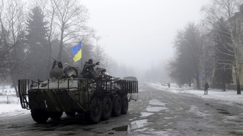 Ukrainian servicemen patrol the streets of Debaltsevo in the Donetsk area of Ukraine