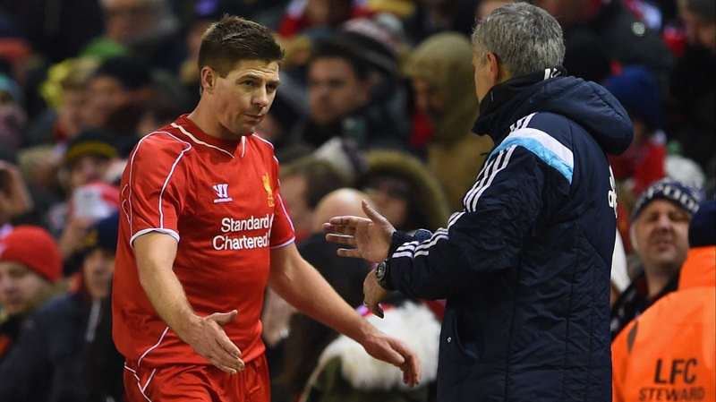 Jose Mourinho acknowlegdes Steven Gerrard as he leaves the field during the second half