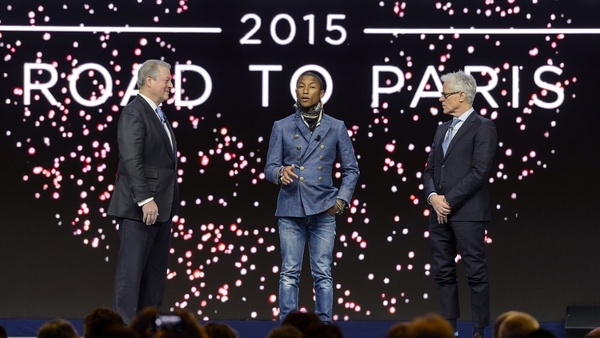 l-r Former US Vice President Al Gore, Pharrell and Live Earth founder Kevin Wall announced the shows at the World Economic Forum (WEF) meeting in Davos, Switzerland