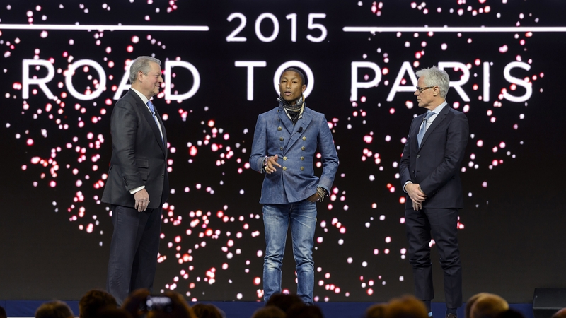 l-r Former US Vice President Al Gore, Pharrell and Live Earth founder Kevin Wall announced the shows at the World Economic Forum (WEF) meeting in Davos, Switzerland
