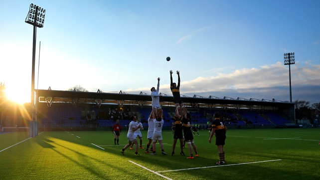 King's Hospital and Presentation College Bray contest a line-out during their Vinnie Murray Cup tie in Donnybrook