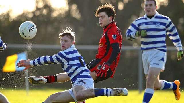 Knockbeg College's Dylan Doyle attempts to block the shot of Jack Robinson of St Mary's Edenderry during the Leinster Schools quarter-final