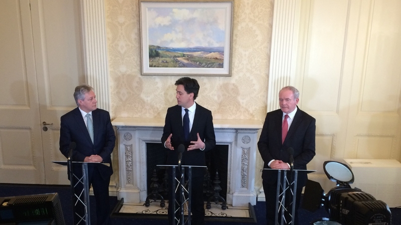 Ed Miliband (C) met Peter Robinson (L) and Martin McGuinness in Belfast