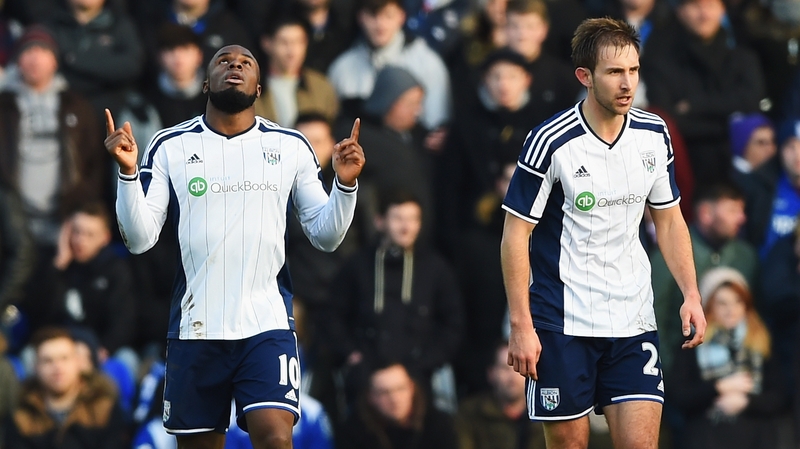 Victor Anichebe (l) of West Brom celebrates scoring his second goal