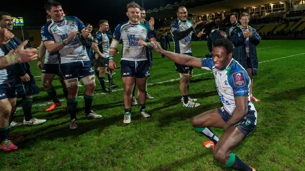 Connacht’s Niyi Adeolokun celebrates at the final whistle