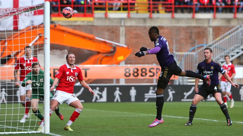 West Ham's Diafra Sakho heads home for the only goal of the game at Ashton Gate