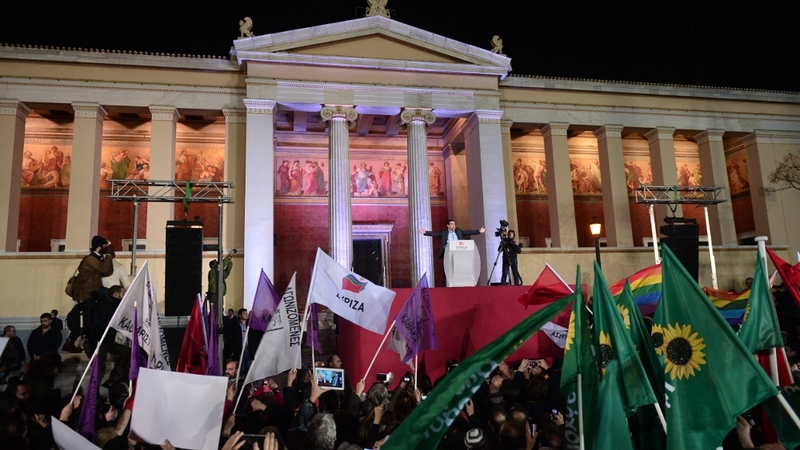 A victorious Alexis Tsipras greeted supporters at the party's main campaign platform in Athens