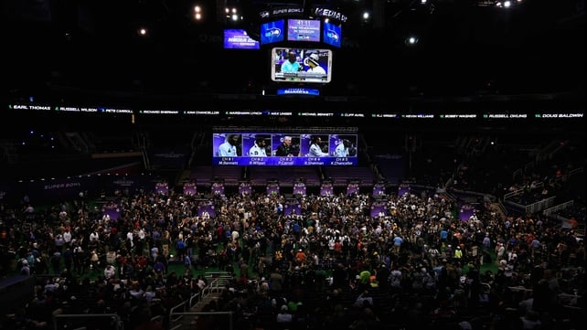 The Seattle Seahawks conduct their session during the Super Bowl XLIX Media Day at the US Airways Center in Phoenix