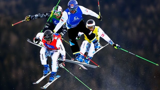 Aerial congestion during the semi-final of the men's ski cross finals during the FIS Freestyle Ski and Snowboard World Championships