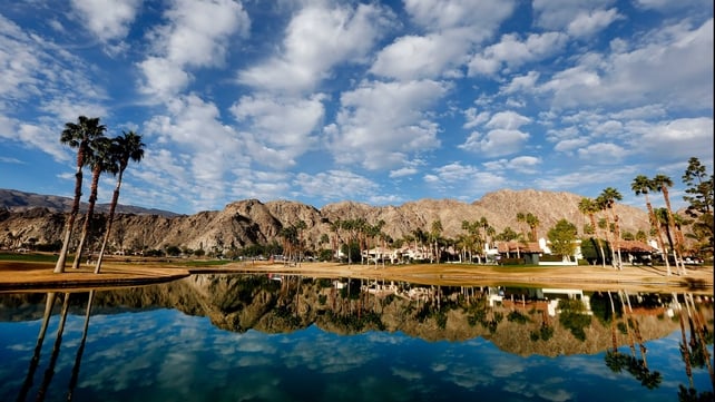 The 18th hole at the Humana Challenge on the Arnold Palmer Private Course at PGA West in La Quinta in California