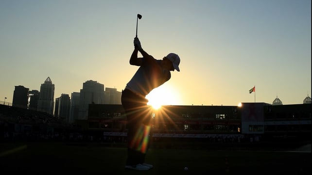 Rory McIlroy on the 18th hole during the challenge match in aid of Breast Cancer Awareness at the Emirates Golf Club