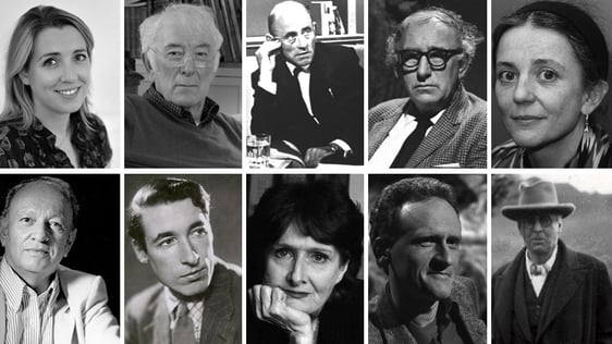 Top (left to right): Ailbhe Ní Ghearbhuigh, Seamus Heaney, Seán Ó Ríordáin, Patrick Kavanagh, Paula…