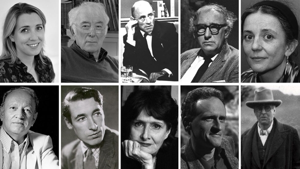 Top (left to right): Ailbhe Ní Ghearbhuigh, Seamus Heaney, Seán Ó Ríordáin, Patrick Kavanagh, Paula Meehan - Bottom (left to right): Derek Mahon, Louis MacNeice, Eavan Boland, Paul Durkan, WB Yeats