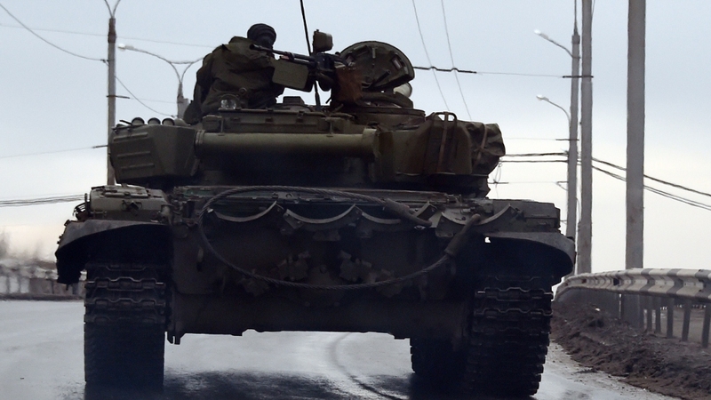 A tank drives in the centre of the eastern city of Donetsk.