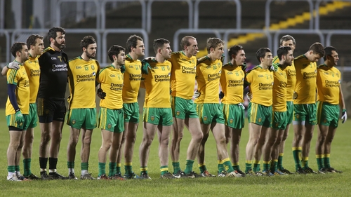 The Donegal team line up for the national anthem
