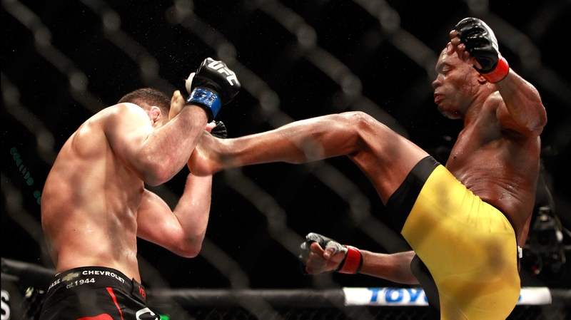 Anderson Silva (R) kicks Nick Diaz in their middleweight bout during UFC 183 at the MGM Grand Garden Arena on 31 January