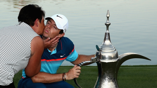 Rory McIlroy is congratulated by his mother, Rose McIlroy after winning the Omega Dubai Desert Classic on Sunday
