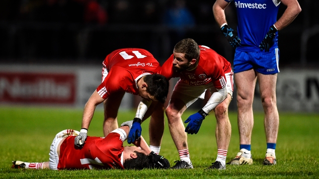 Tyrone's Sean Cavanagh down injured during the Allianz League game against Armagh. Tyrone later dismissed reports he had been concussed