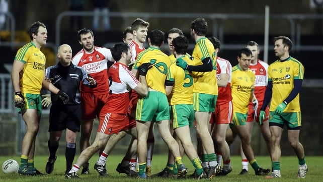 Tempers flare in the second half of the Donegal v Derry Allianz League game on Saturday