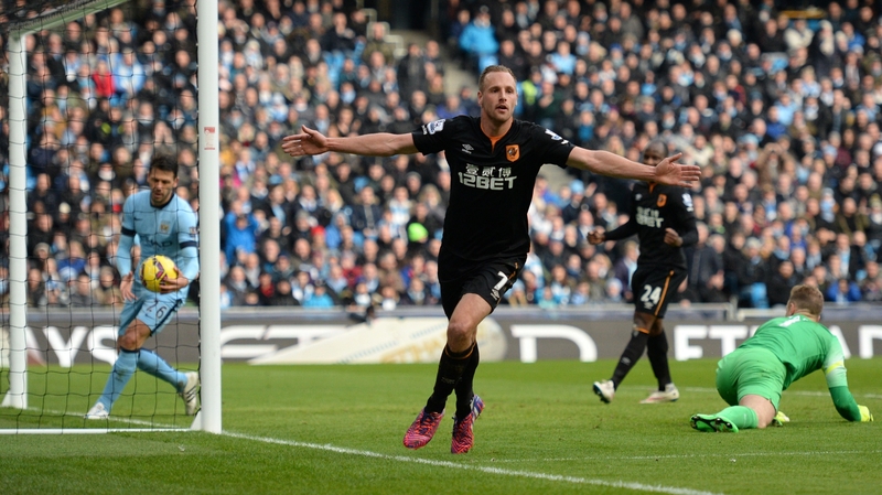 Republic of Ireland midfielder David Meyler celebrates scoring after giving Hull the lead at the Etihad