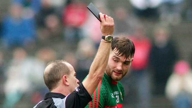 Aidan O'Shea seems unimpressed to have been given a black card by referee Eddie Kinsella