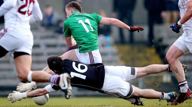 Galway’s goalkeeper Manus Breathnach saves a shot from Ger Egan of Westmeath
