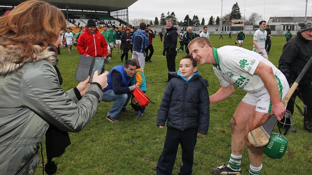 Henry Shefflin of Ballyhale Shamrocks poses for pictures with fans after the club chamionship semi-final against Gort