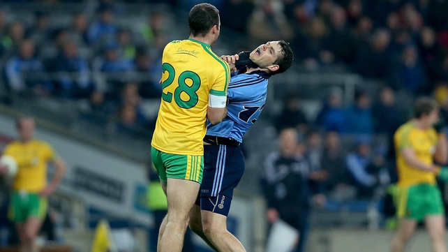 Neil McGee of Donegal and Kevin McManamon of Dublin during the first half of their game