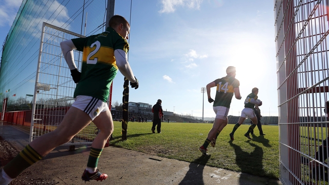 Kerry players take to the field ahead of their football league clash with Derry at Celtic Park