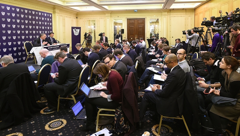 Chief Executive of Premier League Richard Scudamore speaks to the media during the announcement