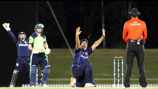 Majid Haq successfully appeals as Scotland beat Ireland in a World Cup warm-up match in Australia