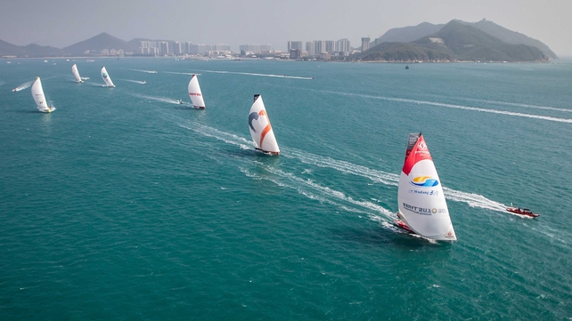 The Volvo Ocean Race fleet during the start of Leg 4 from Sanya to Auckland