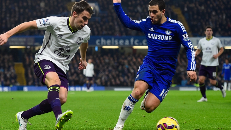 Eden Hazard in action against Everton's Seamus Coleman