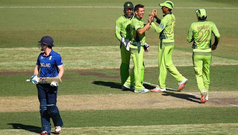 Yasir Shah of Pakistan celebrates taking the wicket of England captain Eoin Morgan