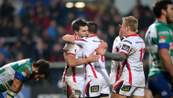 Ulster celebrate Mike Allen's try at Ravenhill