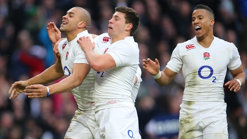 Jonathan Joseph is congratulated by Ben Youngs after scoring a try