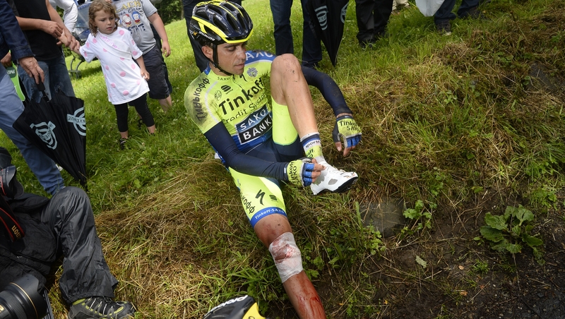 Alberto Contador following a fall at the 101st edition of the Tour de France last year