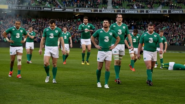 The Ireland team leave the field following their victory over France at Aviva Stadium