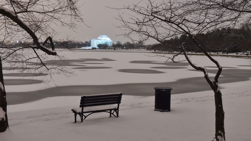 Snow covers the Tidal Basin in front of Jefferson Memorial in Washington DC