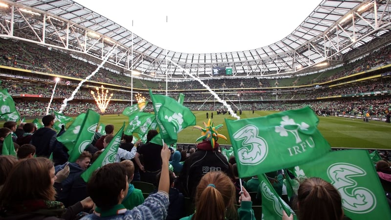 Irish rugby fans getting behind their team at the Aviva Stadium