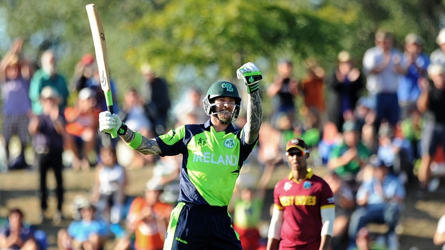 Ireland's John Mooney celebrates the winning runs against the West Indies...