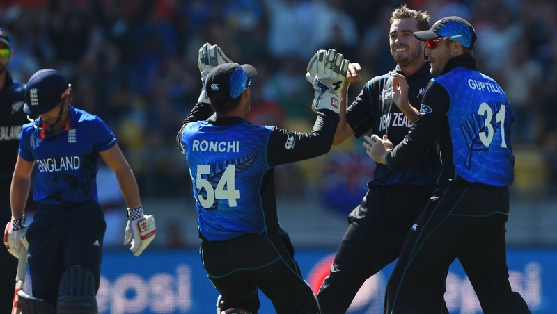 New Zealand's Tim Southee and team-mates celebrate after taking the wicket of James Taylor