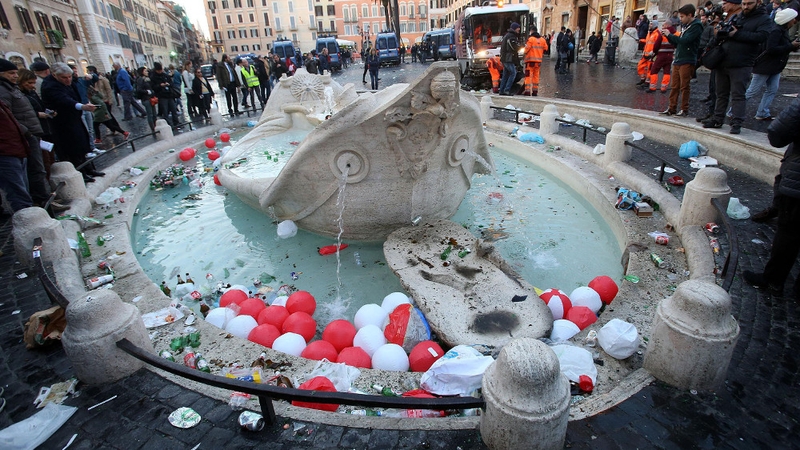 General view of the damaged Barcaccia fountain at Rome's Spanish Steps