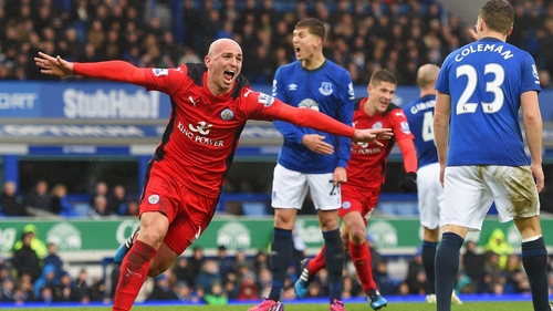 Esteban Cambiasso celebrates as he scores Leicester City's second goal
